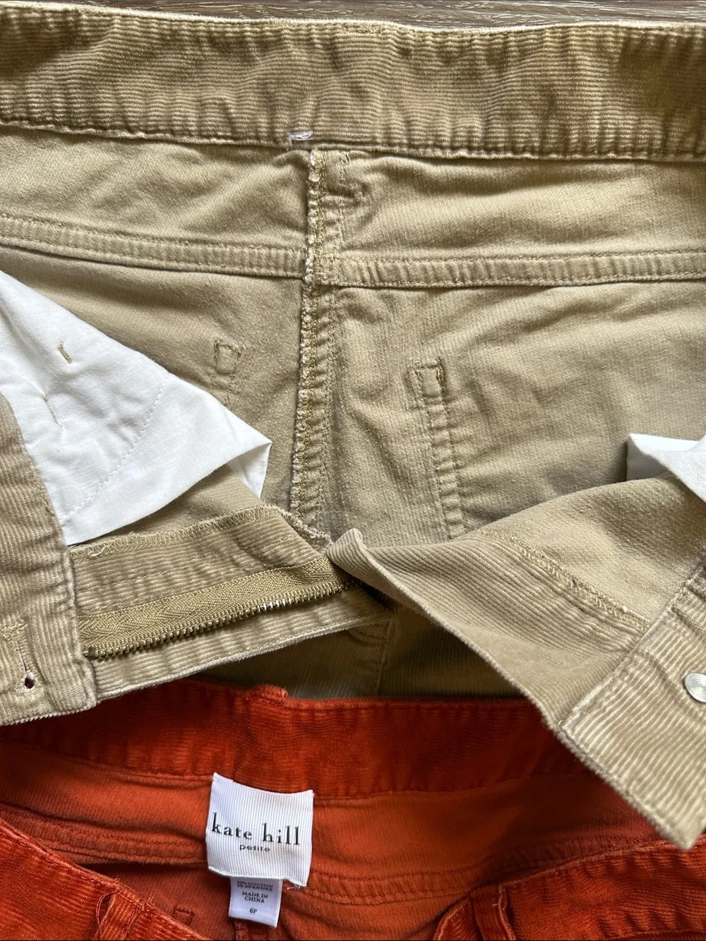 Kate Hill Trio Straight-Leg Corduroy Pants in Brown, Orange & Tan